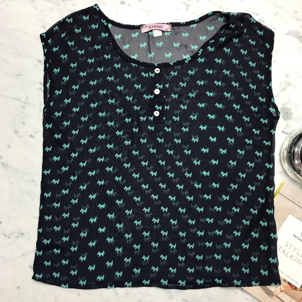 Rosebud Sleeveless Scottie Dog Sheer Blouse Top
